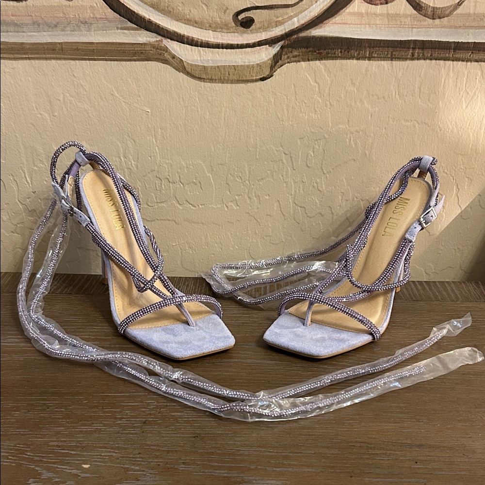 Miss Lola | Embellished Lace Up High Heels-Lavender Suede | Size 7